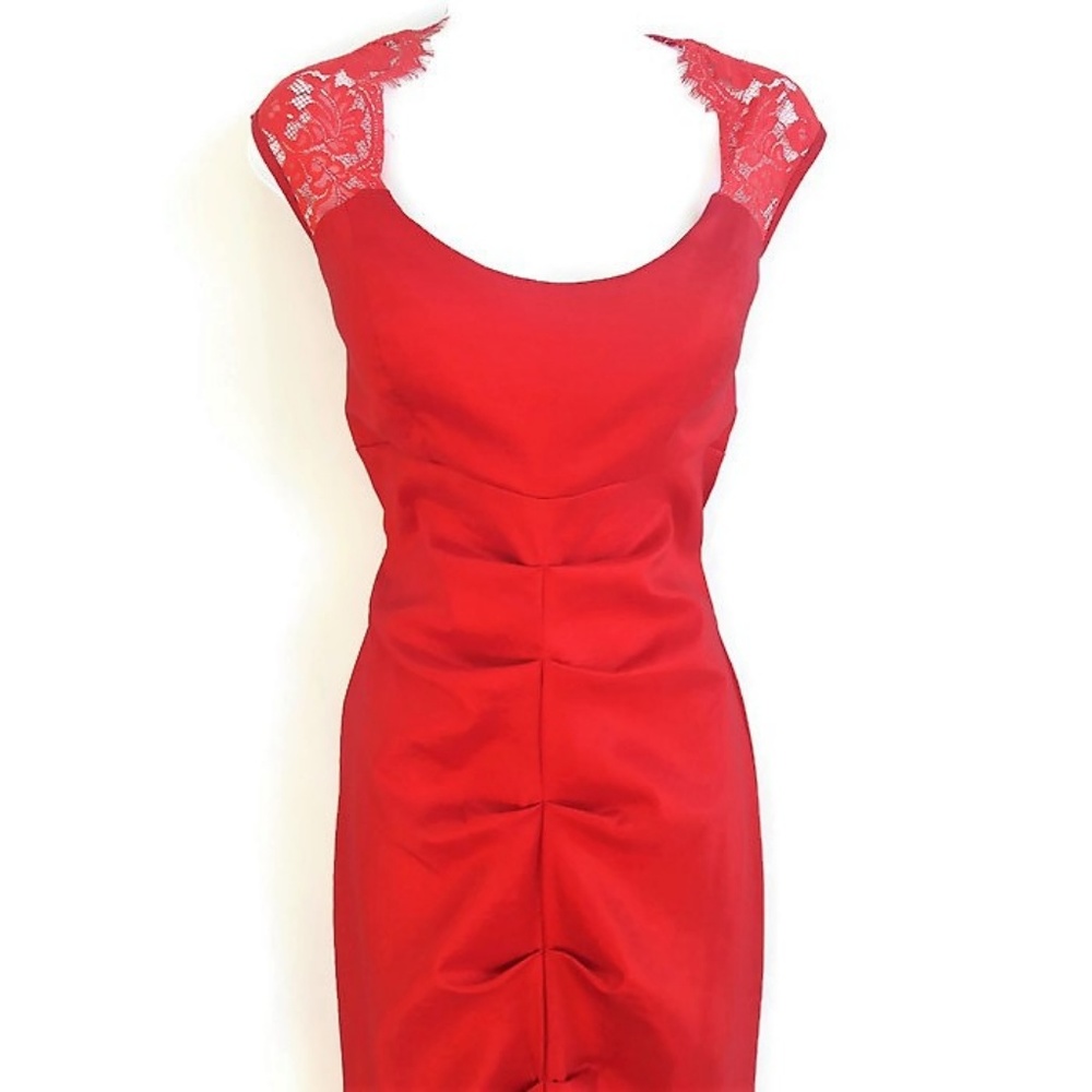 Red Hot Gown Cindy USA Body Con Lace Flare Mermaid Peplum Stretch Vintage XL - Picture 3 of 6